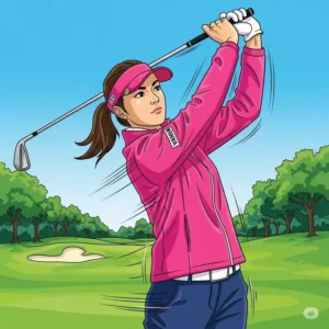 Illustration of a golfer wearing a womens golf jacket, demonstrating full range of motion during a swing.