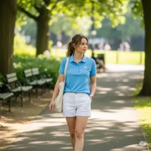 Woman casually wearing a comfortable womens golf polo with shorts, showing its versatility beyond the course.