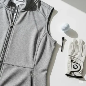 A high-quality womens golf vest laid out with golf accessories like a ball, tee, and glove, suggesting essential golf apparel.