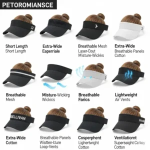 Side-by-side comparison of different womens golf visors, highlighting features like brim length, material, and ventilation for informed choice.