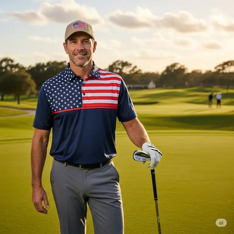 A man wearing a patriotic american flag golf shirt, standing on a green golf course.