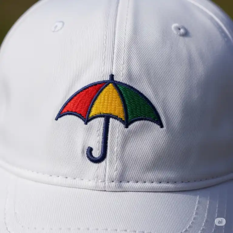 A close-up shot of a classic white Arnold Palmer golf hat, featuring the iconic umbrella logo embroidered in vibrant colors on the front.