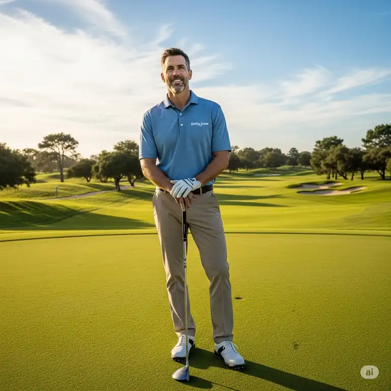A man wearing a classic-fit bobby jones golf shirt, standing on a lush green golf course.