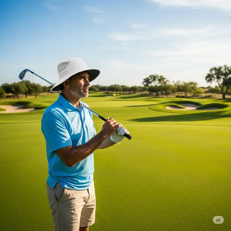 A man wearing a cooling golf hat with a wide brim to protect him from the sun on a bright, sunny day at a golf course.