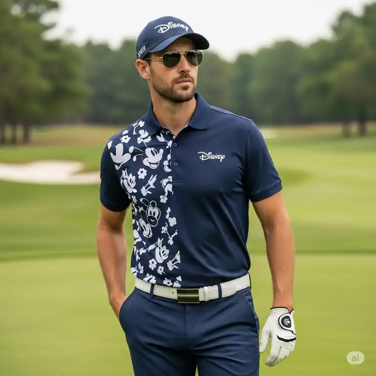 Man wearing a Mickey Mouse Disney golf polo, smiling on a sunny golf course.