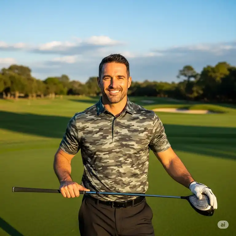 A man in a stylish, modern camo golf shirt stands on a green course, smiling.