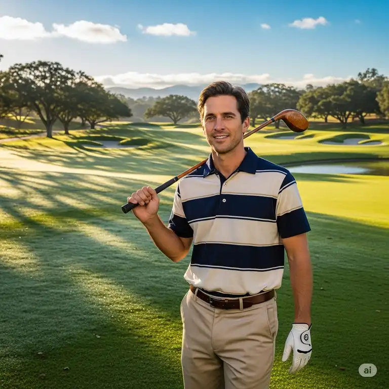 A man wearing a classic striped vintage golf polos on a sunny golf course.