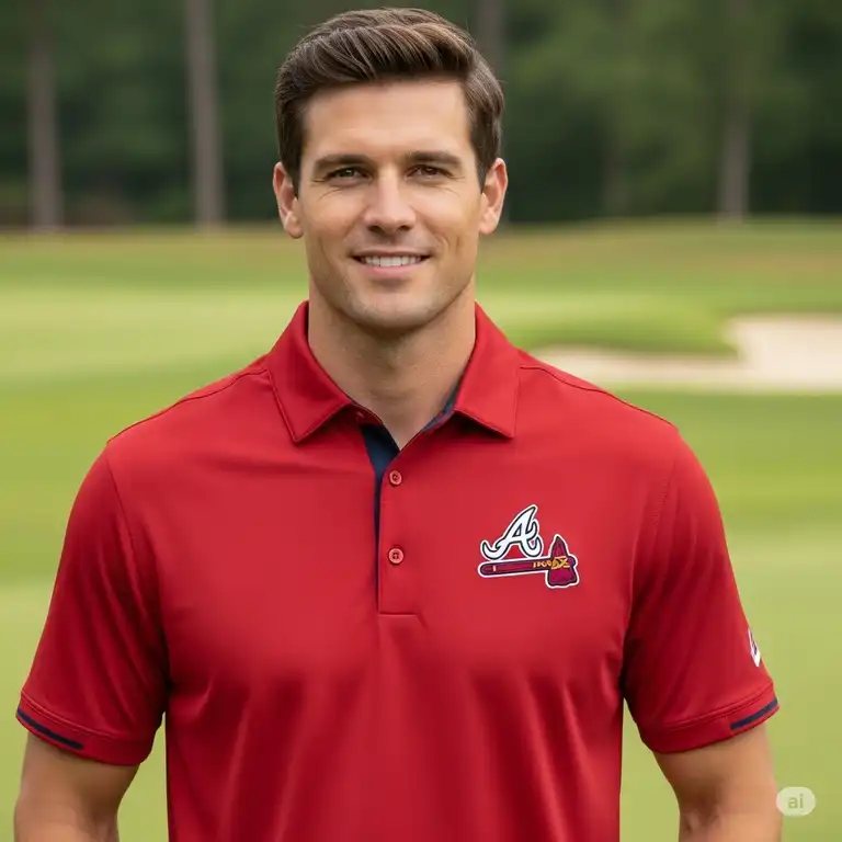 An official atlanta braves golf shirt on a model, showcasing its premium fabric and comfortable fit. This stylish polo is perfect for a day on the course or a casual outing.