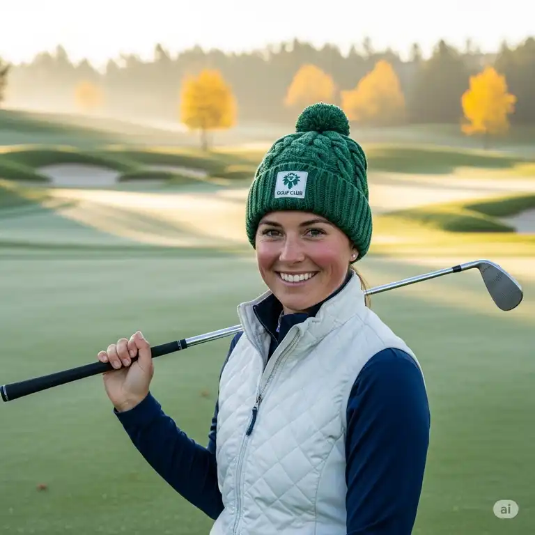 A golfer smiling and wearing a stylish, warm golf beanie on a crisp morning golf course.