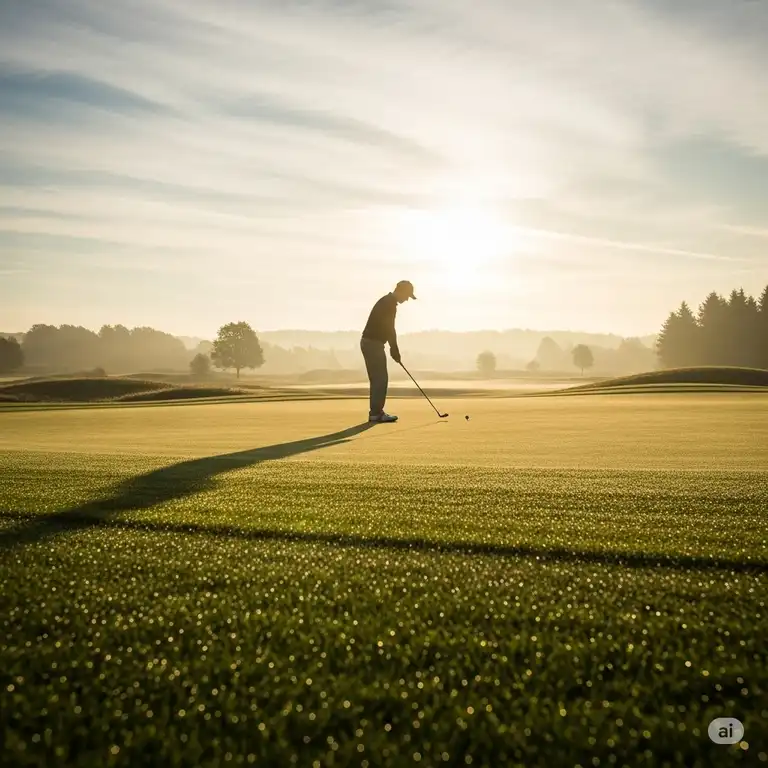 A golfer stands on a quiet green, their silhouette framed by the morning sun, embodying the peaceful concentration of a golf quiet experience.
