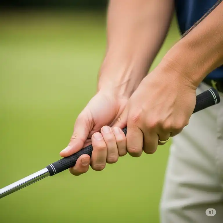 A close-up shot of a golfer's hands holding the club in a strong grip, highlighting the proper hand placement for a powerful swing.