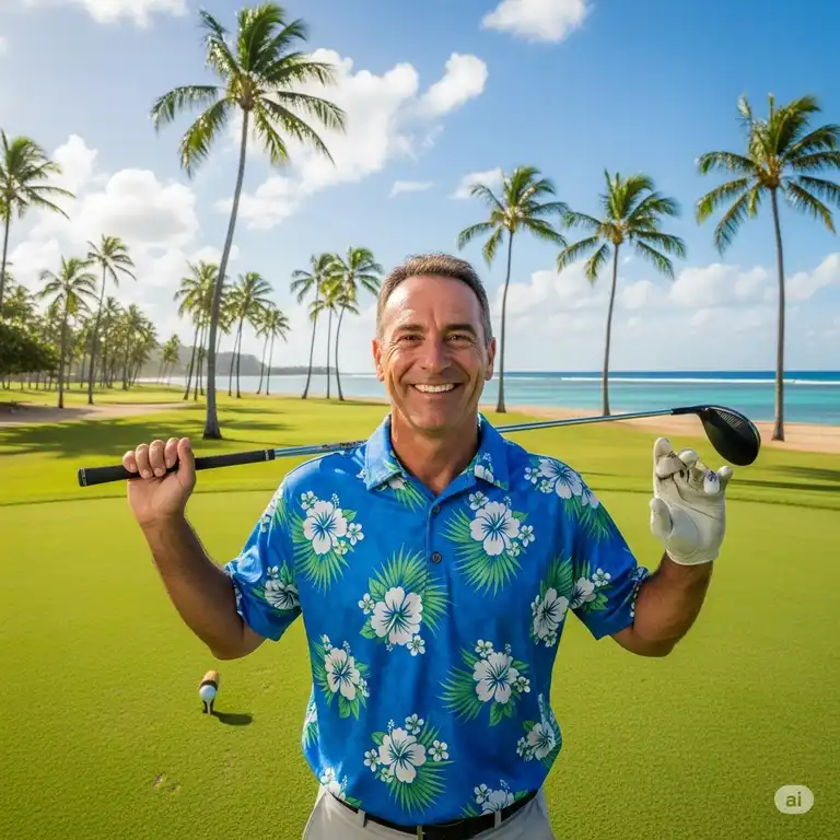 A man in a blue, floral-patterned Hawaiian golf shirt smiles on a tropical golf course.