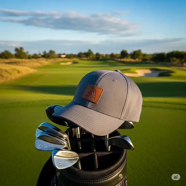 A stylish Melin golf hat, subtly branded, resting on a golf bag with a lush green course in the background, showcasing its premium design and suitability for the sport.