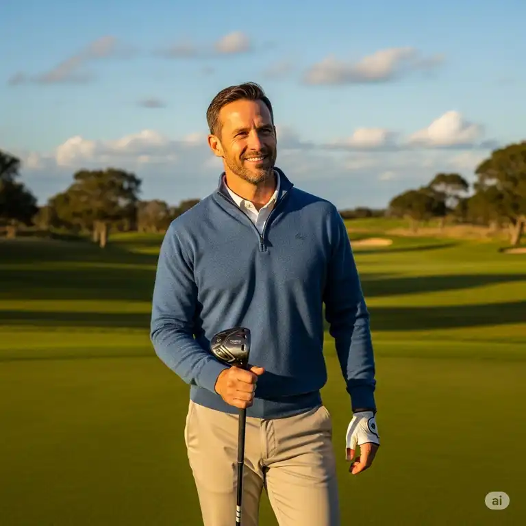 A man in a blue golf quarter zip sweater stands on a sunny golf course, holding a club and smiling.