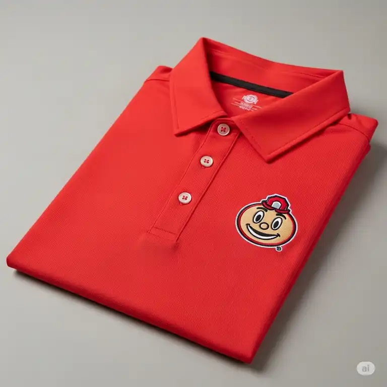 A high-quality featured image of the official Ohio State golf shirt, in scarlet, with the Brutus Buckeyes logo.