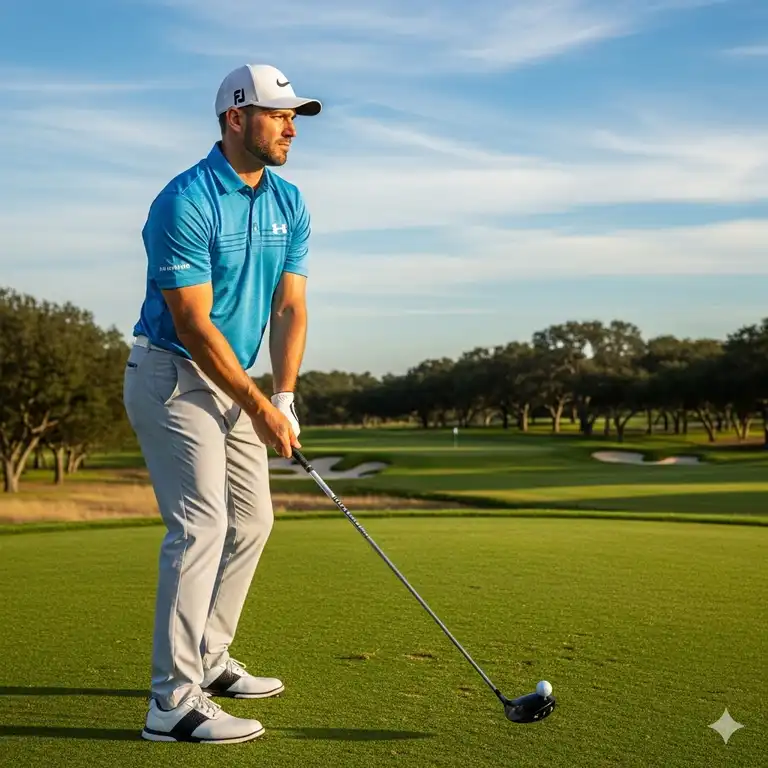 A professional golfer on the PGA Tour wearing a breathable, stylish PGA Tour golf shirts, ready to tee off.