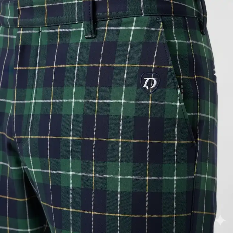 A close-up shot of stylish men's plaid golf pants, showcasing the unique pattern and high-quality fabric.