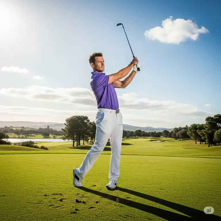 purple polo golf shirt a man swinging a golf club.
