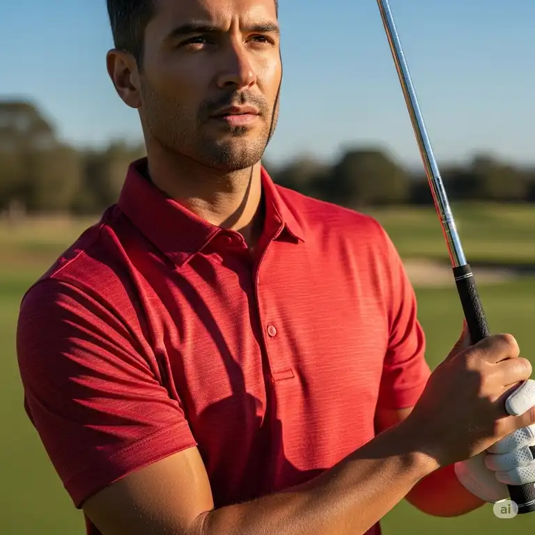A close-up shot of a man wearing a stylish red golf polo shirt on a sunny day at the golf course, holding a golf club.