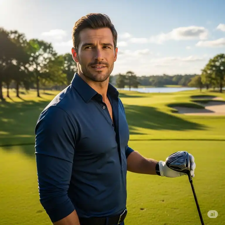 A man wearing a stylish, navy blue button down golf shirt on a sunny golf course.