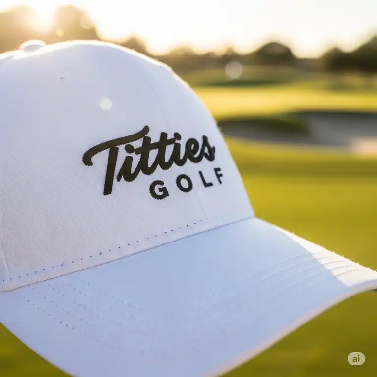 A close-up shot of a white golf hat with "Titties Golf" embroidered in black script, set against the backdrop of a sunny golf course. The hat is a playful and funny accessory for golfers with a sense of humor.
