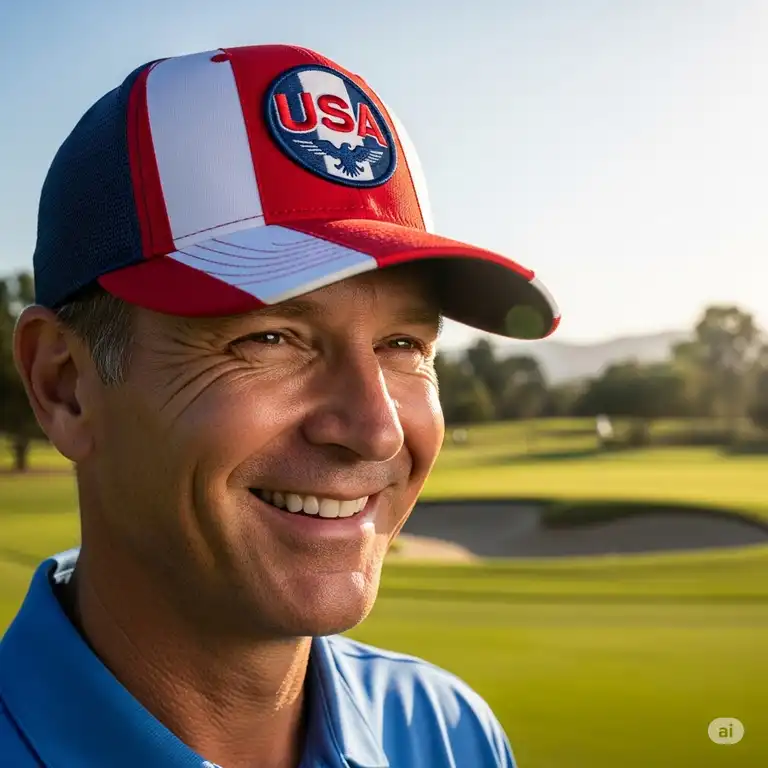 A man wearing a red, white, and blue usa golf hat with a logo, smiling on a sunny golf course.