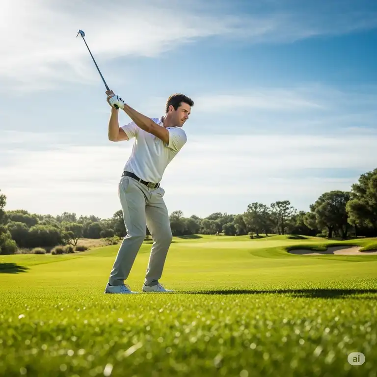 A male golfer in a classic white golf polo shirt, mid-swing on a sunny golf course, showcasing the shirt's comfortable fit and style.