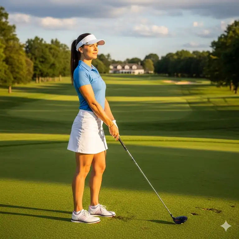 A woman on a green golf course wearing a white golf skirt with a light blue polo shirt, ready to putt. The skirt's lightweight fabric and design are perfect for a comfortable day on the links.