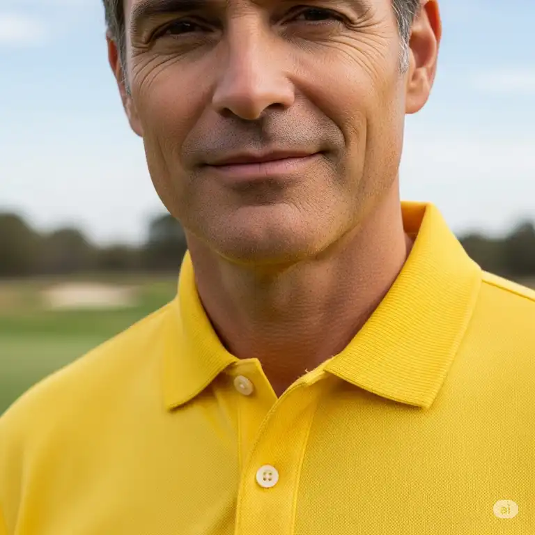 A close-up shot of a man wearing a bright yellow golf shirt with a classic collar, perfect for a day on the course.
