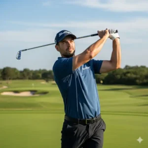 A man wearing a Ben Hogan performance golf shirt with moisture-wicking fabric on the golf course.