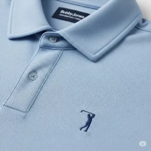Close-up of one of the bobby jones golf shirts, highlighting the moisture-wicking, performance fabric.

