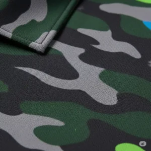 Close-up of the camouflage pattern on a high-performance camo golf shirt.