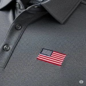 Close-up of a high-quality american flag golf shirt with an embroidered American flag logo.