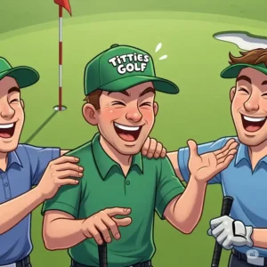 An illustration of a happy golfer wearing a titties golf hat, laughing with friends on the green. This cartoon-style image highlights the fun and comedic side of wearing this unique headwear.