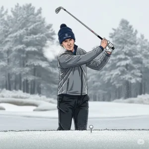 Illustration of a person playing golf in cold weather, comfortably wearing a golf beanie.