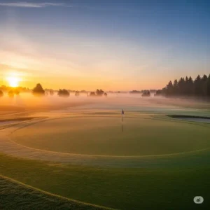 A serene, empty golf course at dawn, the fog lifting gently over the fairways, showcasing the tranquil beauty of a golf quiet morning round.