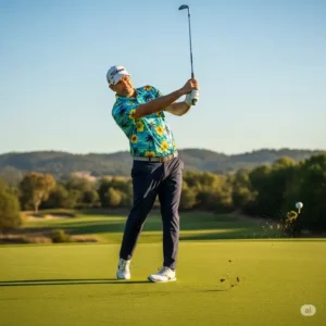 A golfer wearing a vibrant Hawaiian golf shirts swings a club on the green.