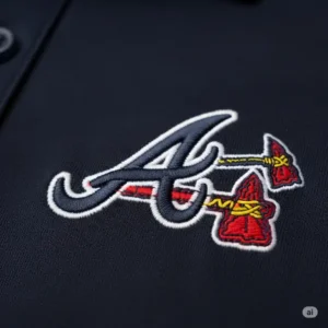 A close-up shot of the embroidered atlanta braves golf shirt logo, highlighting the quality and detail of the stitching.