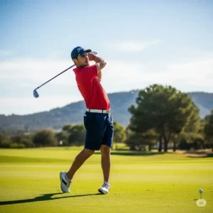 A golfer in a vibrant red golf polo shirt and navy shorts swings his club on the green.