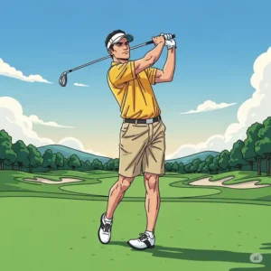 An illustration of a man with a golf club, wearing a yellow golf shirt and shorts, standing on a lush green golf course.