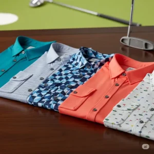 A collection of modern button down golf shirts in various colors and patterns.
