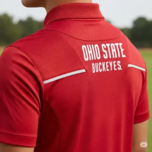 This Ohio State golf shirt is shown in a back view, highlighting the athletic fit and moisture-wicking fabric.