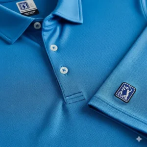 Close-up of a high-performance men's PGA Tour golf shirts showcasing its moisture-wicking fabric and tailored fit.