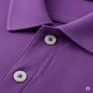 purple polo golf shirt's fabric texture and collar.