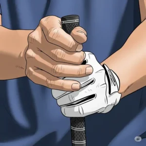 An illustration of a golfer's hands on a club, showing the 'V's formed by the thumb and index finger pointing toward their right shoulder, which is a key characteristic of a strong grip.