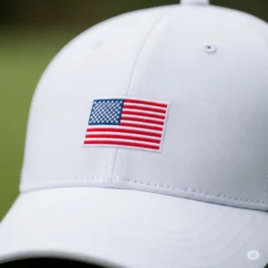 Close-up of a white usa golf hat with a small embroidered American flag on the front.