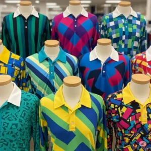 A vibrant collection of retro-style vintage golf polos in various colors from the 1980s.