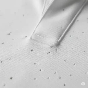 Close-up of the breathable, moisture-wicking fabric of a premium white golf polo, highlighting its texture and quality.
