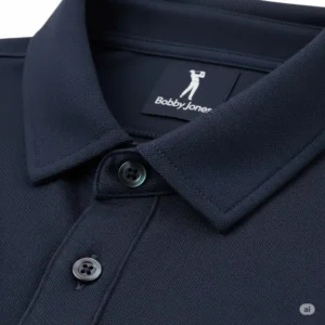 Detailed shot of the high-quality, structured polo collar on one of the bobby jones golf shirts.