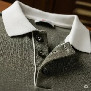 Close-up of a classic knitted vintage golf polos, highlighting the texture and collar detail.